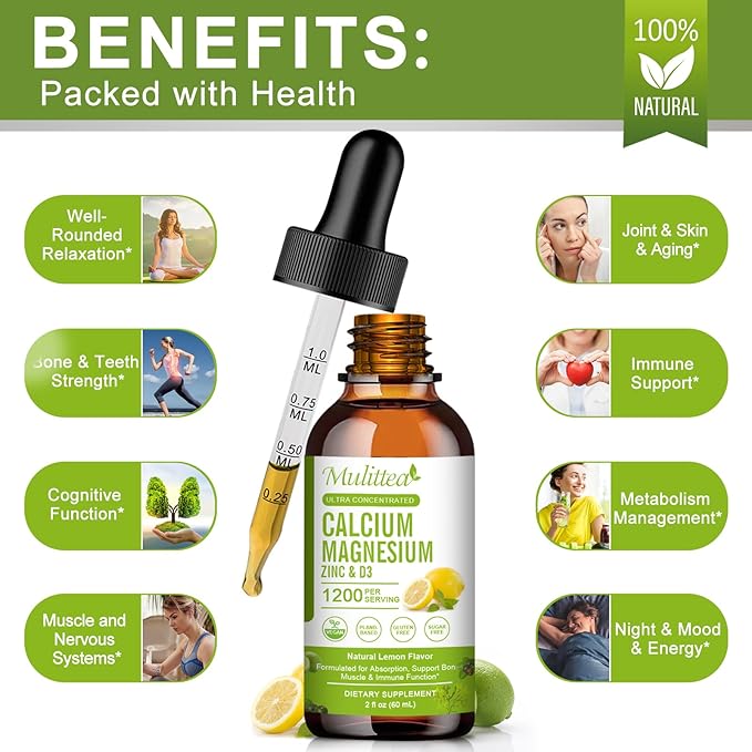 Calcium Magnesium Zinc Liquid with Vitamin D3, Magnesium Glycinate Plus Vitamin C K2| High Absorption Plant Calcium Supplement for Heart & Bone| Gluten Free,Sugar-Free | 60 Servings | Lemon Flavor
