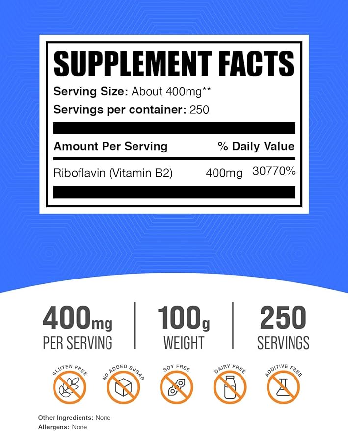 BulkSupplements.com Riboflavin Powder - as Vitamin B2, Vitamin B2 Supplement - Riboflavin 400mg, B Vitamins for Wellness, Gluten Free, 400mg per Serving, 100g (3.5 oz) (Pack of 1)