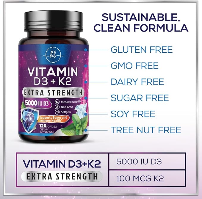Vitamin D3 K2 - Vitamin D3 (5000 iu) & 100 mcg Vitamin K2 (MK-7) Complex for Immune Support & Bone, Teeth & Muscle Health - Easy to Swallow, Gluten Free, Non-GMO, Bottled in USA - 120 Softgels