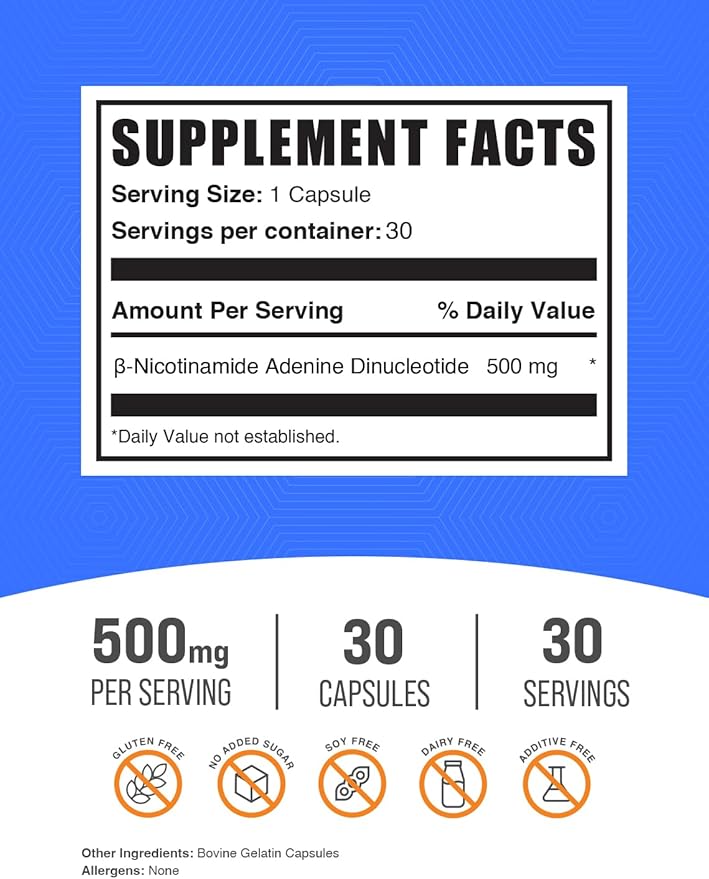 BulkSupplements.com NAD Capsules - Nicotinamide Adenine Dinucleotide, NAD Supplement 500mg - for Energy Support, Pure & Gluten Free, 1 Capsule per Serving, 30 Capsules (Pack of 1)