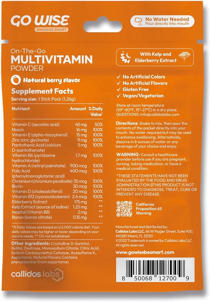 Go Wise On The Go Multivitamin Powder - Natural Berry Flavor - 14 Convenient Stick Packs - Portable Vitamin Supplement for Travel, Daily Nutrition, Energy and Immune Support for Men and Women