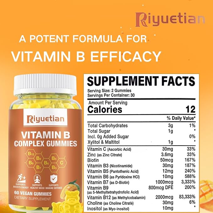 Vitamin B Complex with Vitamin – with Biotin,Choline + Inositol, Vitamin C + Zinc for Supports Energy, Mood, Immune, Healthy Hair, Skin 60