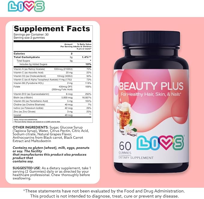 Beauty Plus Gummy Vitamins - Biotin Gummies for Hair, Skin and Nails | Natural, Gluten-Free, Non-GMO Beauty Supplement with Vitamins A, C, E, B12, D3, Zinc & More - Cream Soda Flavor - 120 Ct