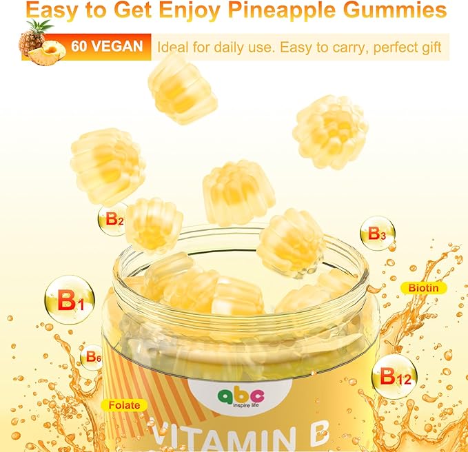 Vitamin B Complex Gummies for Adult Kid-Pineapple Flavor-Chewable Supplement with 8 Essential B Vitamins (B1, B2, B3, B5, B6, B7, B9, B12) Supports Energy,Metabolism & Mood,Non GMO,Vegan 60 Count