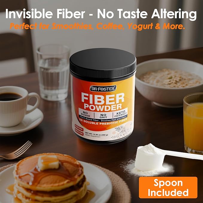 DRFOSTER Prebiotic Fiber Powder Unflavored - Soluble Fiber Supplement with Acacia Fiber & Inulin Powder for Digestive Health and Regularity | 5g Per Scoop, 70 Servings | Gluten & Sugar Free, Vegan