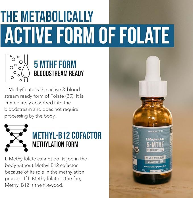 Organic L Methylfolate 7.5 mg Plus Methyl B12 Cofactor - Metabolically Active 5-MTHF Form, Superior Form of Folate - Organic Berry Flavor, Liquid Sublingual Form – Mood, Cognition, Methylation (1oz)