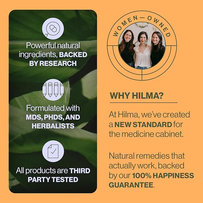 Hilma Natural Gas and Bloating Relief for Women, Doctor Formulated with Organic Ingredients, Lemon Balm, Fennel and Peppermint Leaf, 50 Vegan Capsules