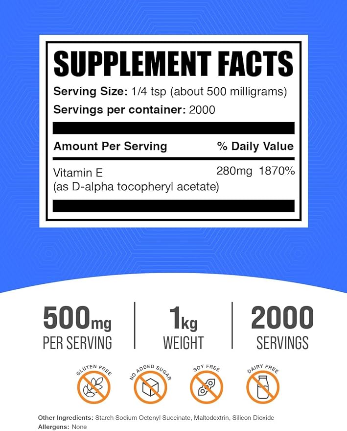 BulkSupplements.com Vitamin E 400 IU Powder - as D-Alpha Tocopherol, Vitamin E Supplements - Gluten Free, 500mg per Serving, 1kg (2.2 lbs) (Pack of 1)