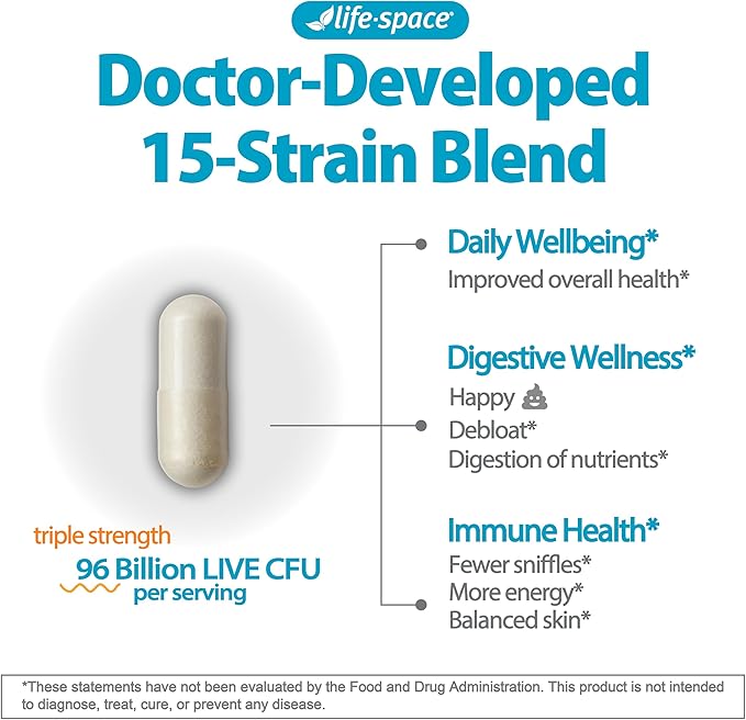 Life-Space Triple Strength Broad Spectrum Probiotic, 96 Billion CFU & 15 Diverse Strains, Advanced Formulated for Digestive Health & Immune Health, Probiotics for Women & Men - 30 Veg Capsules