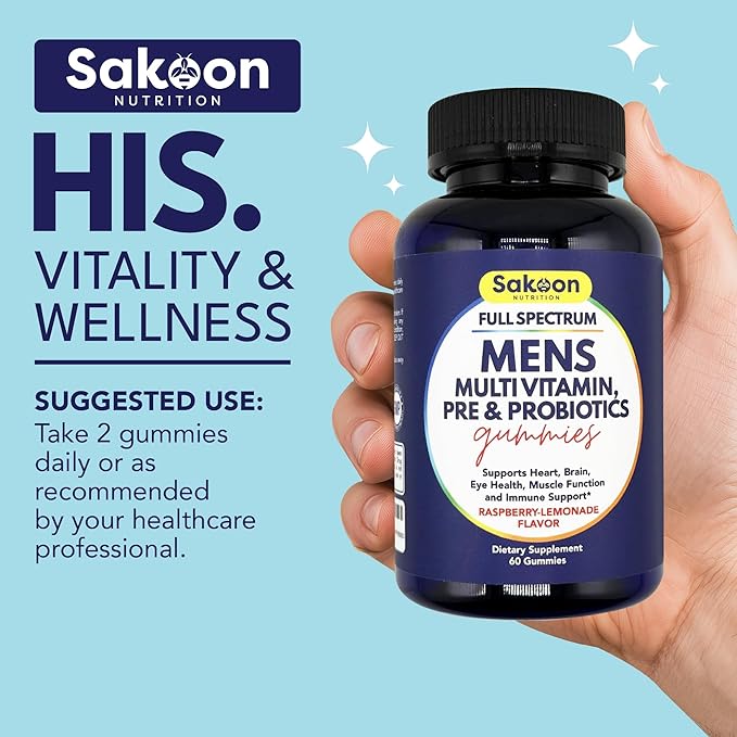Sakoon nutrition Men's Multivitamin Gummies with Probiotics and Prebiotics, Adult Multivitamin A, C, D, E, B & More, Support Immune, Energy, Health, 60 Count