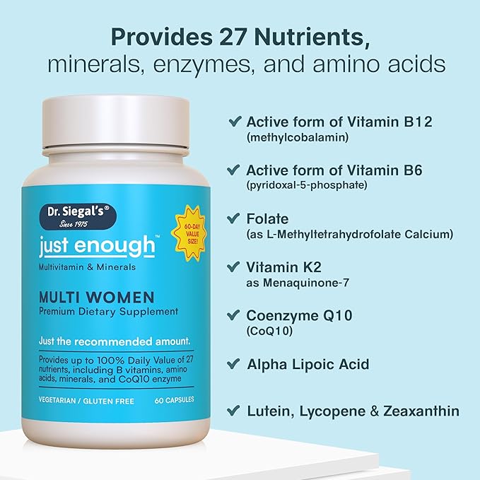 Dr. Siegal's Just Enough Multivitamins for Women - 60 Capsules - 60 Servings Women's Health Supplements - Vegetarian Multivitamin for Women - Womens Multivitamins - Women's Daily Multivitamin