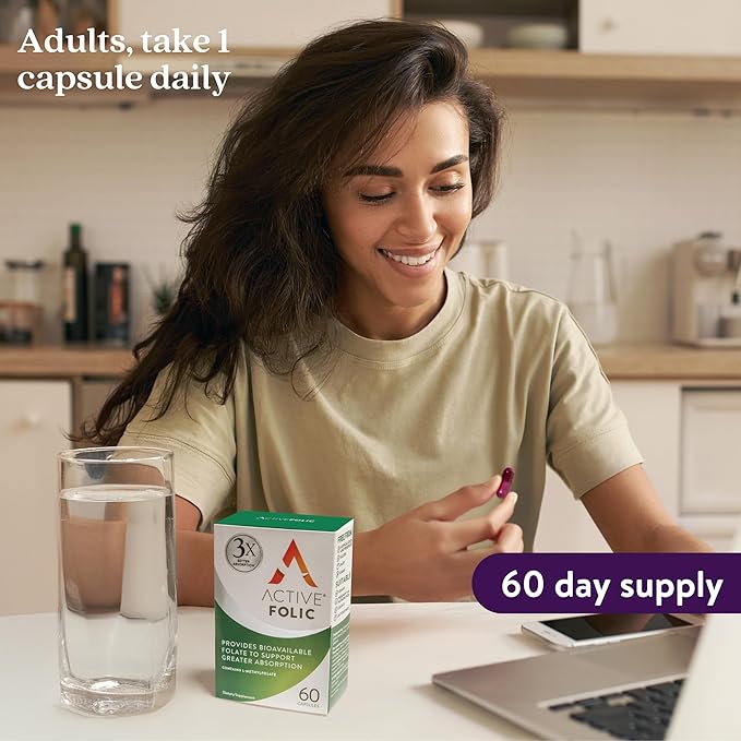 Active Folic 400mcg – L-Methylfolate Folic Acid Supplement – Highly Absorbed, Vegan – Supports Pregnancy, Energy, Tiredness & Fatigue Reduction – 60 Capsules (2-Month Supply)