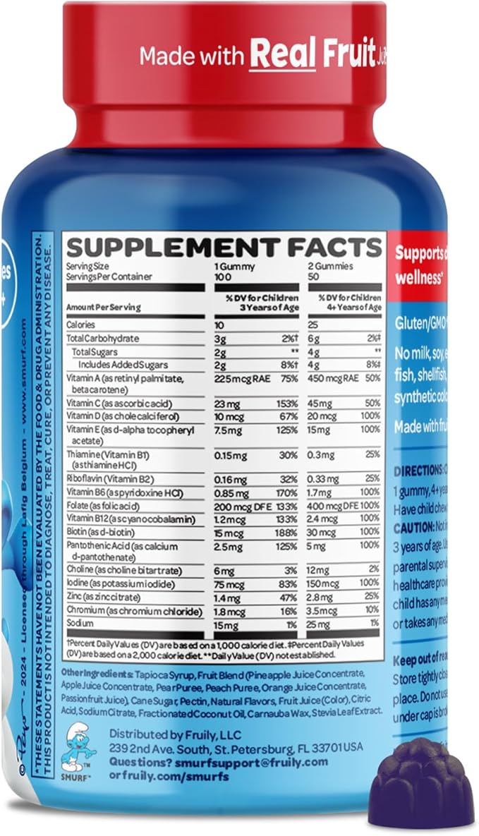 The Smurfs Kids Multivitamin Gummies with 15 Daily Vitamins and Minerals for Growth & Development | Made with Real Fruit in a Smurf Berry | Delicious, Doctor Developed & Non-GMO Formula | 100 Gummies
