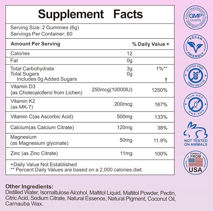 Vitamin D3 K2 Sugar-Free Gummies,Vitamin D3 10000 IU with K2 200mcg,VitaminC,Calcium,Magnesium,Zinc,Support for Bones,Joints,Muscles,Nerves,and Immune System (60, Strawberry)