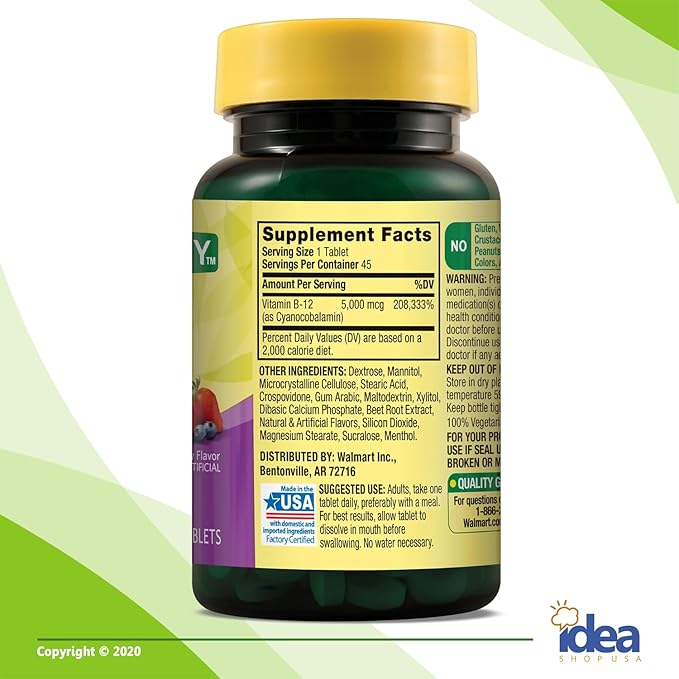 Vitamin B12 5000 mcg Fast Dissolve Tablets, 45 Count ā Extra Strength for Energy & Metabolism Support ā Natural Cherry Flavor, Gluten-Free ā Sublingual Supplement + Better Idea Guide Included