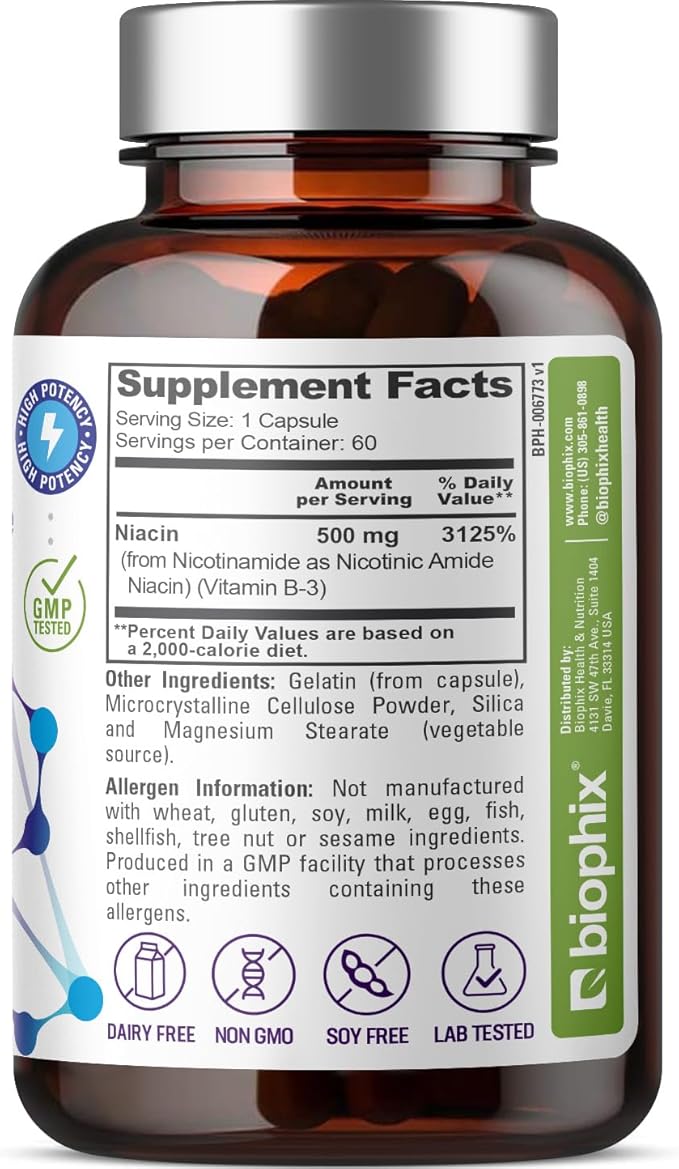 biophix B-3 Nicotinamide 500 mg 60 Caps - Nicotinic Amide Niacin Natural Flush-Free Vitamin Formula - Supports Skin Cell Health