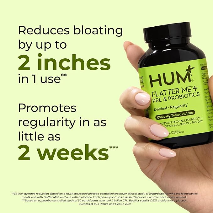 HUM Flatter Me Digestive Enzymes for Women & Men, Digestive Health Bloating Supplement with Ginger & Peppermint Leaf, Fast Acting Anti Bloat Pills Multi Enzyme for Debloating, Vegan, 60 Capsules