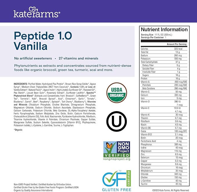 KATE FARMS Organic Adult Peptide 1.0 Formula, Vanilla, Sole-Source, Hydrolyzed Plant-Based Nutrition for Oral or Tube Feeding, 11 Fl oz (12 Pack)