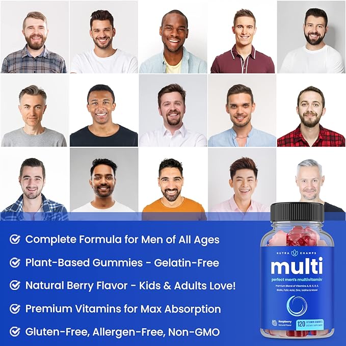 NutraChamps Multivitamin for Men 14+ | Mens Multivitamin Gummies, 120 Count | Vitamins A, B, C, D, E, Biotin, Zinc | Mens Gummy Multivitamins Supplement | Chewable Daily Multi Gummy Vitamins for Men