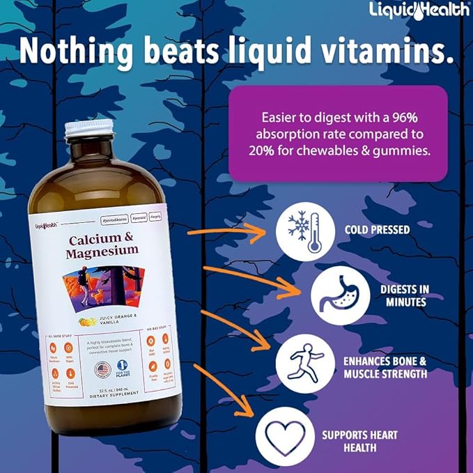 LIQUIDHEALTH Mega Energy B-Complex & Calcium and Magnesium Liquid Vitamin Bundle for Adults - Increase Natural Energy Level, Support Bone & Joint Health, Boost Immune System - Vegan, Non-GMO, USA Made