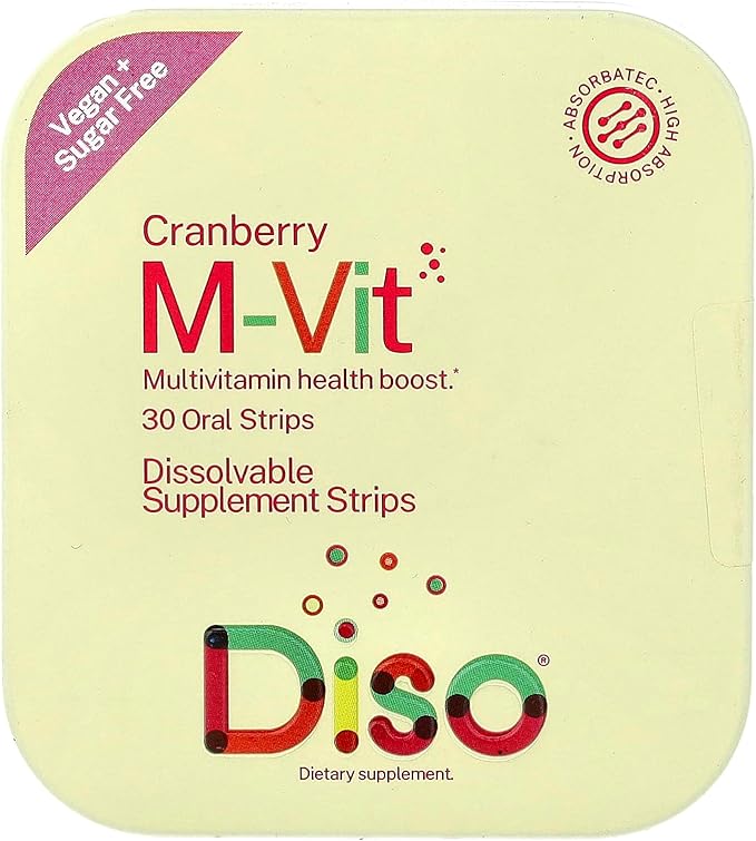 DISO - M-VIT - Fast-Dissolving Multivitamin Oral Strips, Cranberry Flavor, Vegan, Sugar Free, Gluten Free, Individually Wrapped, 30 Dissolvable Strips