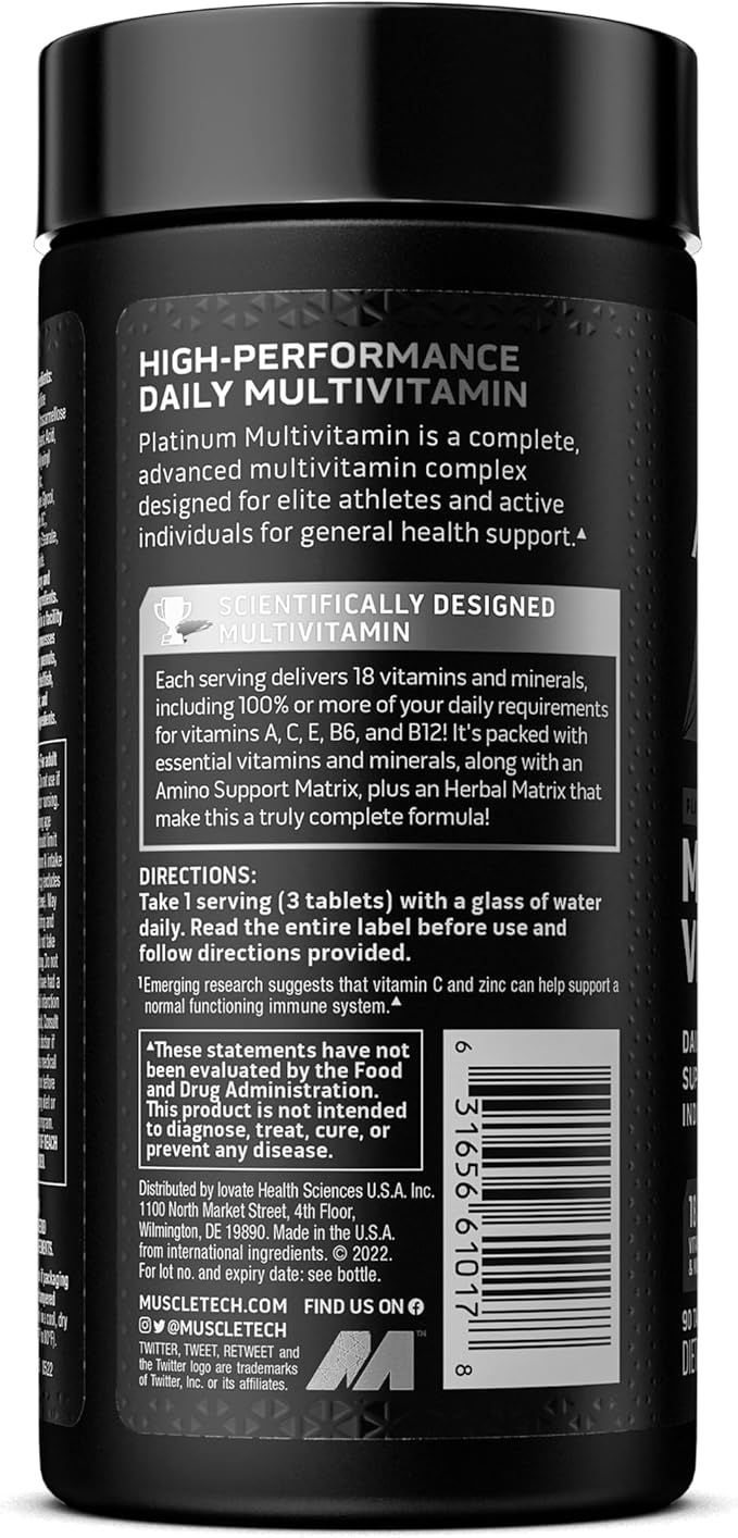 MuscleTech Platinum Multivitamins for Men & Women - Multi-Vitamin Supplement for Immune Support - 18 Vitamins & Minerals, Vitamin A C D E B6 B12 - Daily Workout Supplements for Men - 90 Capsules
