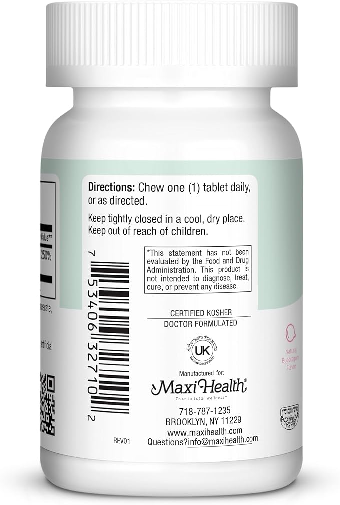 Maxi Health Chewable Vitamin D3 2000 IU Supplement - Delicious Natural Bubble Gum Flavor - Supports Calcium Absorption, Immune and Bone Health in Adult Women, Men, Children & Toddlers - 100 Chews