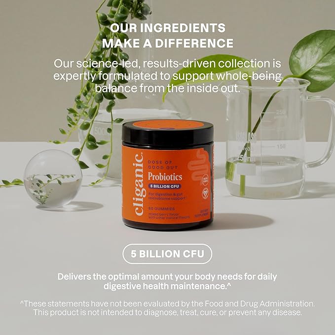 Cliganic Probiotics Gummies for Men & Women (5 Billion CFU, 120-Day Supply) - Berry Flavor, Vegan, Non-GMO, Kosher, Gluten-Free, Promotes Digestive Health, Balances Gut Microbiome