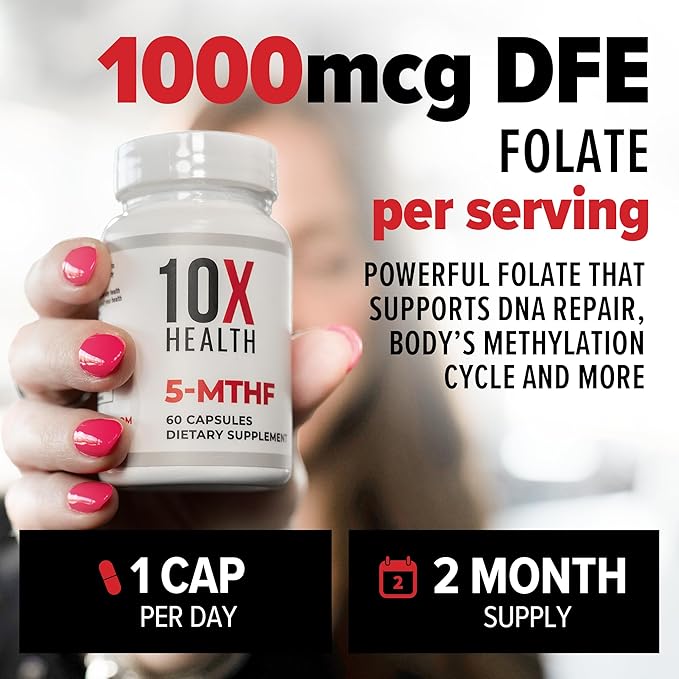 10X Health 5-MTHF Methylfolate - Methylated Folate & Magnesium for Brain, Heart Health, DNA & Neurotransmitter Synthesis - Bioavailable Methyl Folate Supplement - Methylfolate Supplement 60 Capsules