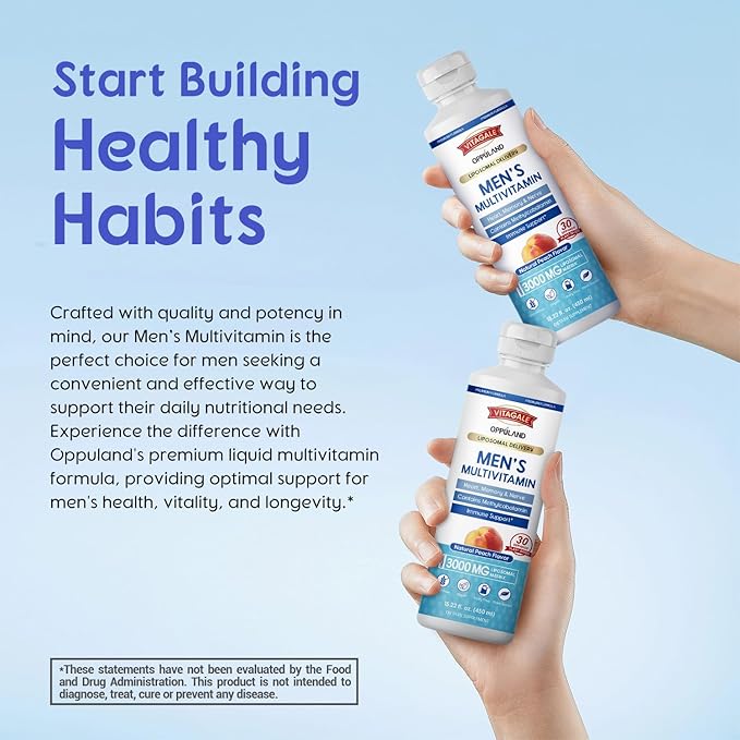 Men's Multivitamin - Liquid Supplement - Liposomal Delivery - Daily Multi Vitamin with Biotin B Complex Omega-3 - Hair & Nail Support Vitamin - Peach Flavor - 3000 mg per Serving - 450 mL