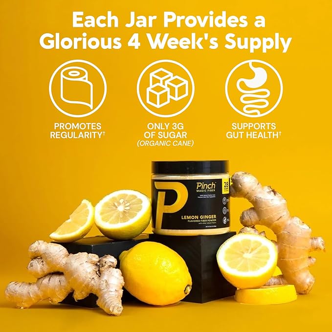Pinch Magic Sugar Free Fiber Powder – Light Lemon Ginger Psyllium Husk with Bromelain & Vitamins C & D – Vegan, Gluten-Free, Clean Label, USA-Made, GMP-Certified – 28-Day Supply