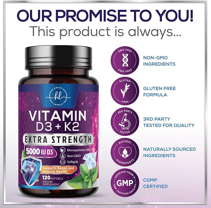Vitamin D3 K2 - Vitamin D3 (5000 iu) & 100 mcg Vitamin K2 (MK-7) Complex for Immune Support & Bone, Teeth & Muscle Health - Easy to Swallow, Gluten Free, Non-GMO, Bottled in USA - 120 Softgels