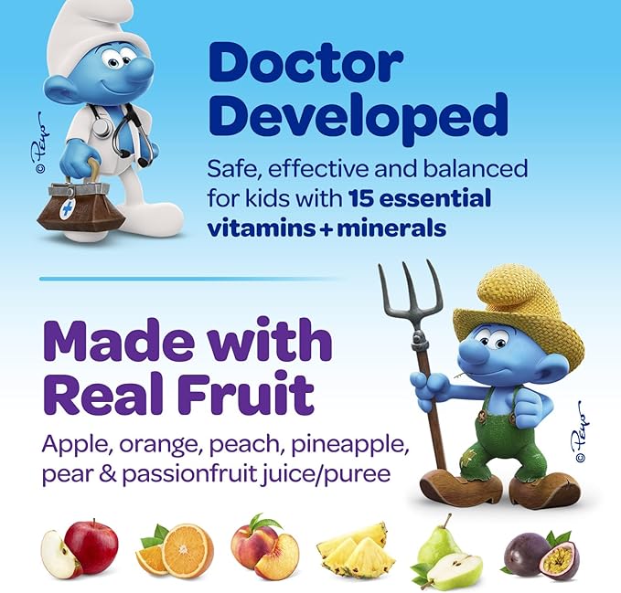 The Smurfs Kids Multivitamin Gummies with 15 Daily Vitamins and Minerals for Growth & Development | Made with Real Fruit in a Smurf Berry | Delicious, Doctor Developed & Non-GMO Formula | 100 Gummies