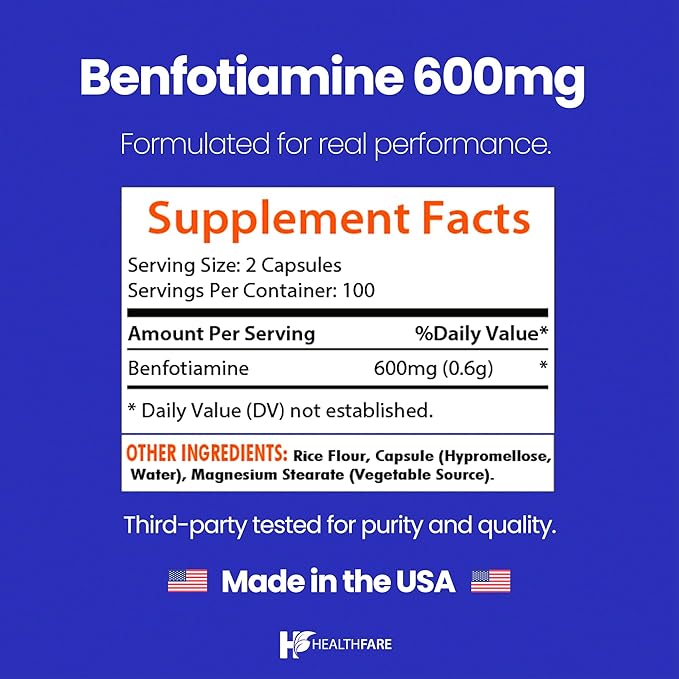 Benfotiamine 600mg | 200 Veg Capsules | Enhanced Absorption | Supports Overall Health | Increased Bioavailability