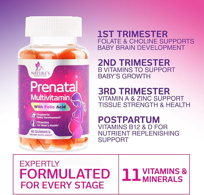 Prenatal Vitamins for Women Gummies, Folic Acid 1335mcg Pregnancy Vitamins for Fetal Support, Vitamin A, C, D3, B12, B6 & Folate, Prenatal Multivitamin Gummy for Pregnant & Nursing Women - 60 Gummies