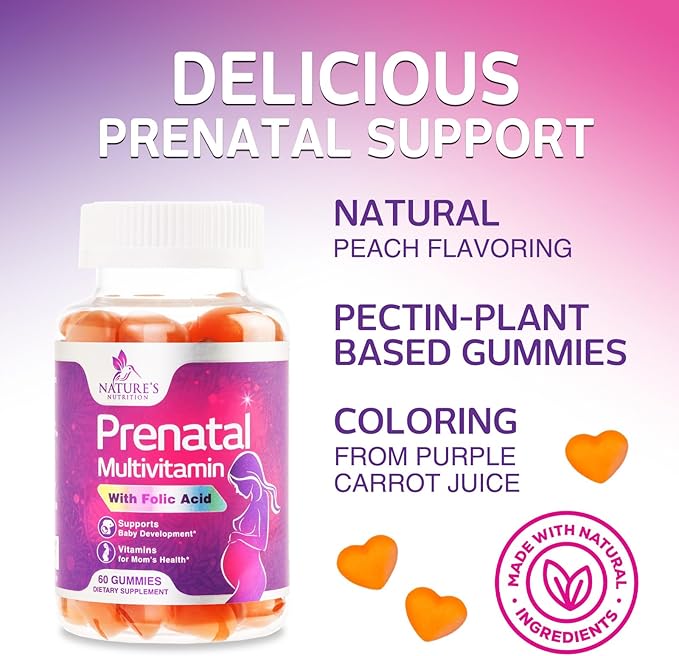 Prenatal Vitamins for Women Gummies, Folic Acid 1335mcg Pregnancy Vitamins for Fetal Support, Vitamin A, C, D3, B12, B6 & Folate, Prenatal Multivitamin Gummy for Pregnant & Nursing Women - 60 Gummies