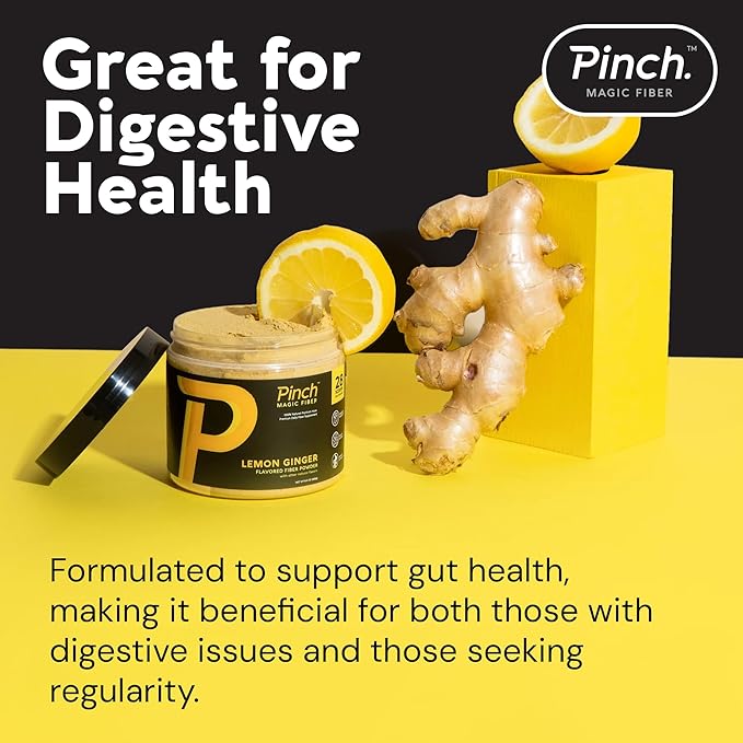 Pinch Magic Sugar Free Fiber Powder – Light Lemon Ginger Psyllium Husk with Bromelain & Vitamins C & D – Vegan, Gluten-Free, Clean Label, USA-Made, GMP-Certified – 28-Day Supply