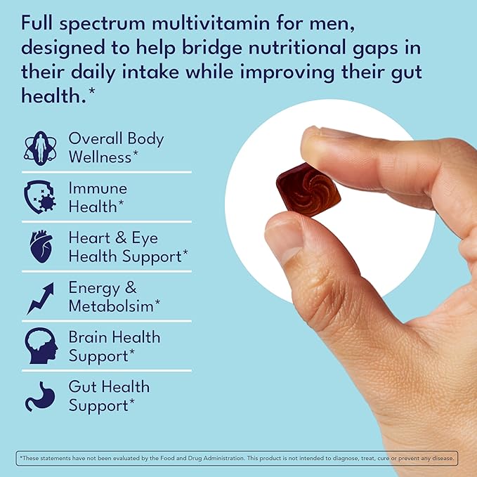 Sakoon nutrition Men's Multivitamin Gummies with Probiotics and Prebiotics, Adult Multivitamin A, C, D, E, B & More, Support Immune, Energy, Health, 60 Count