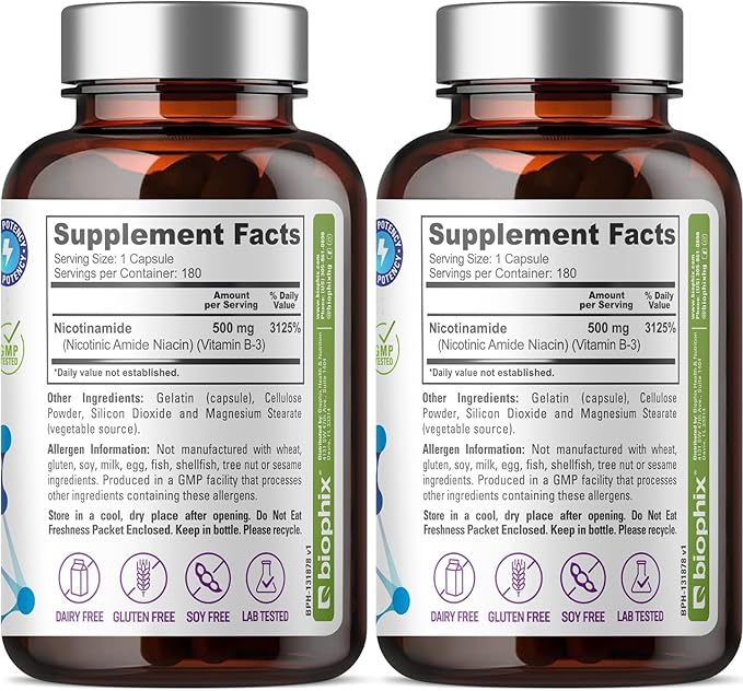 biophix B-3 Nicotinamide 500 mg 180 Caps 2 Pack - Nicotinic Amide Niacin Natural Flush-Free Vitamin Formula - Supports Skin Cell Health