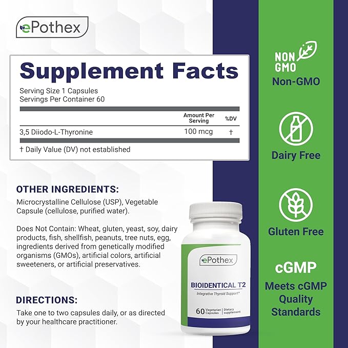 Bioidentical T2 - Integrative Thyroid Support - Promotes Metabolism & Energy - Non-GMO, Clean Formula - 60 Capsules (2 mo Supply)
