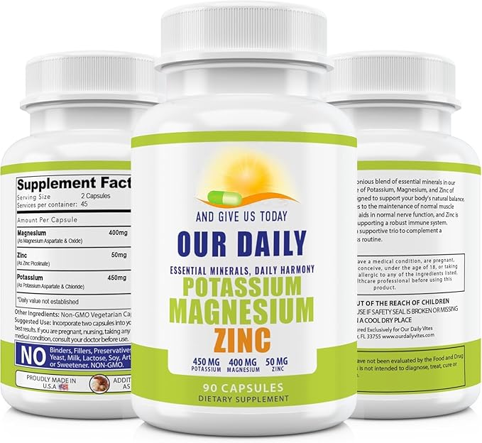 Magnesium Potassium Supplements W Zinc - 90 Capsules 400MG Magnesium,450MG Potassium,50MG Zinc for Vascular Health – High Absorption Vegan Potassium Magnesium Supplement for Leg Cramps and Sleep