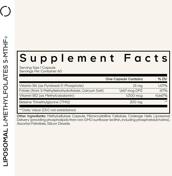 Codeage Liposomal L-Methylfolate 5-MTHF+ - Active Vitamin B9, Methylcobalamin B12, Betaine TMG, B6-2-Month Supply Multivitamins - Liposomal Delivery - Bioavailable B-Vitamin Complex - 60 Capsules