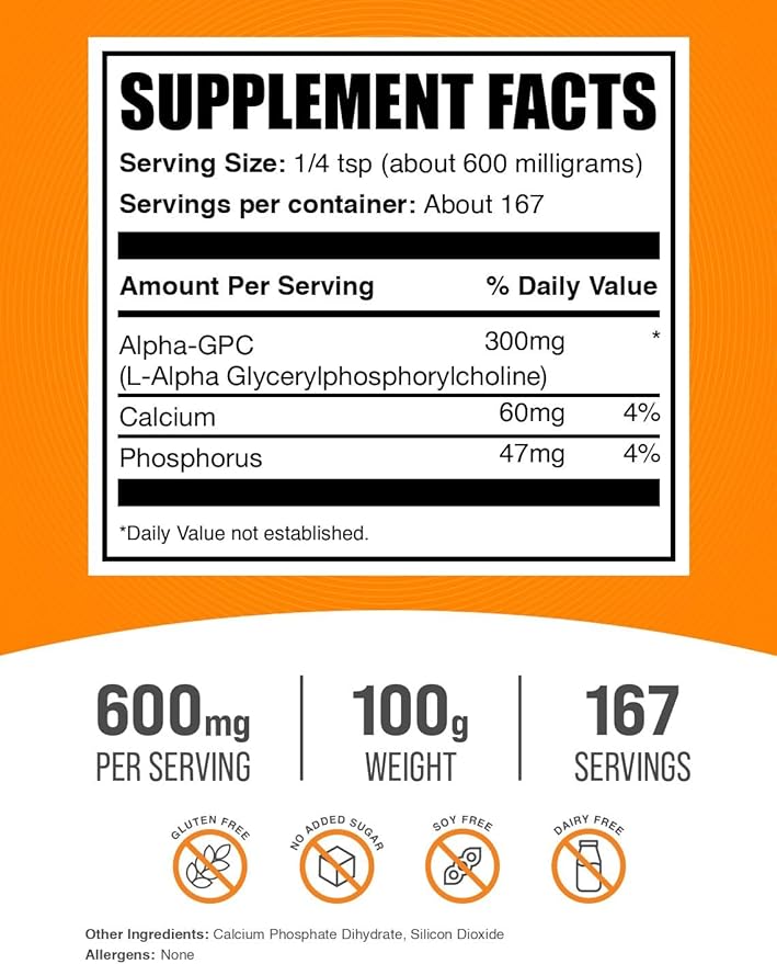 BulkSupplements.com Alpha GPC Powder - Choline Supplements, Alpha GPC 300mg - Unflavored & Gluten Free, 600mg per Serving, 100g (3.5 oz) (Pack of 1)