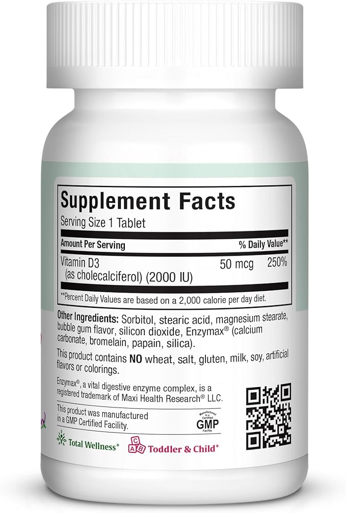Maxi Health Chewable Vitamin D3 2000 IU Supplement - Delicious Natural Bubble Gum Flavor - Supports Calcium Absorption, Immune and Bone Health in Adult Women, Men, Children & Toddlers - 100 Chews