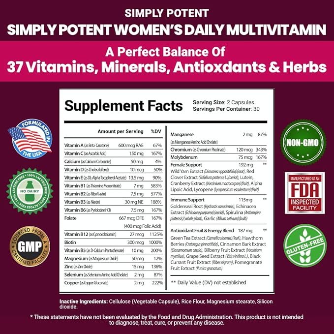 Multivitamin for Women, 37 Multi Vitamins with Minerals, Vitamins A C D E, Biotin, B12, Folate, Zinc, Magnesium, Calcium, Green Tea for Hair, Skin, Nails, Energy, Immune & Hormone Support, 60 Capsules