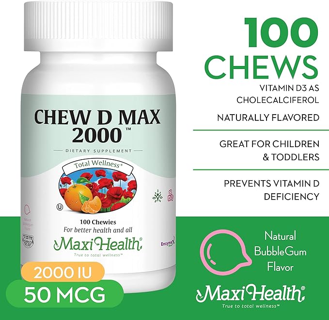 Maxi Health Chewable Vitamin D3 2000 IU Supplement - Delicious Natural Bubble Gum Flavor - Supports Calcium Absorption, Immune and Bone Health in Adult Women, Men, Children & Toddlers - 100 Chews