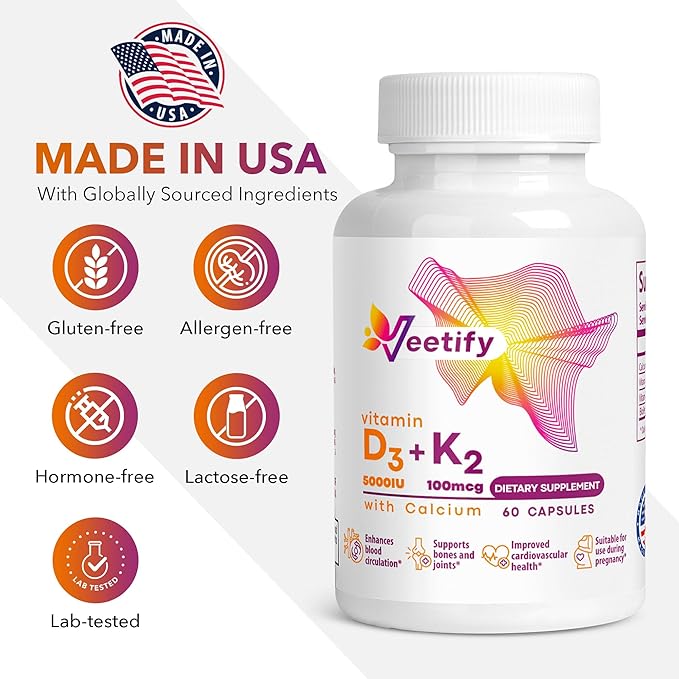 Vitamin D3 (5000 IU) and K2 (100 mcg) with Calcium - 60 Veggie Capsules