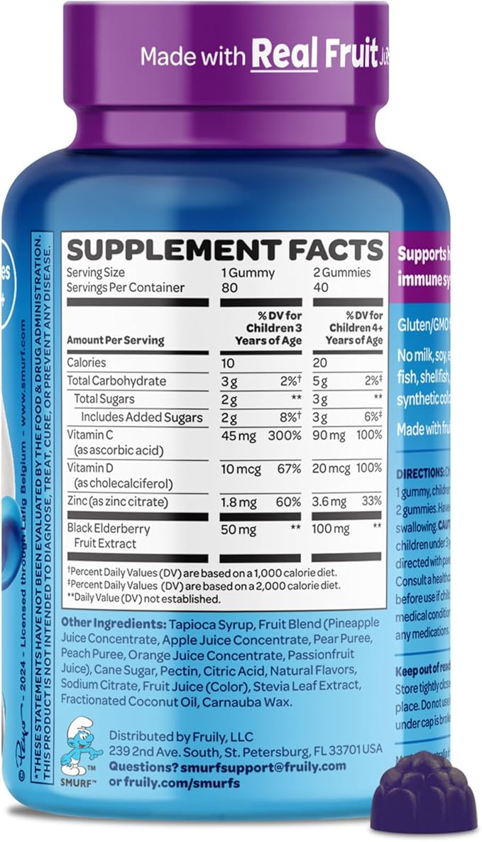 The Smurfs Immune Support Supplement Vitamins for Kids with Elderberry, Zinc, Vitamin C & D for Immune Defense Age 3+ | Made with Real Fruit in a Smurf Berry | Doctor Developed & Non-GMO | 80 Gummies