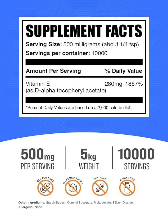 BulkSupplements.com Vitamin E 400 IU Powder - as D-Alpha Tocopherol, Nutritional Supplements - Gluten Free, 500mg per Serving, 5kg (11 lbs) (Pack of 5)