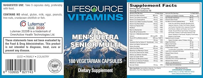 LifeSource Vitamins Men's Senior Multi - Vegetarian - A Complete Multi for Men 50 yrs and Over - 180 Capsules- 60 Day Supply